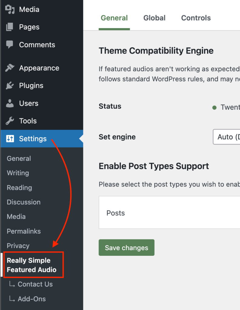 WordPress dashboard settings of really simple featured audio